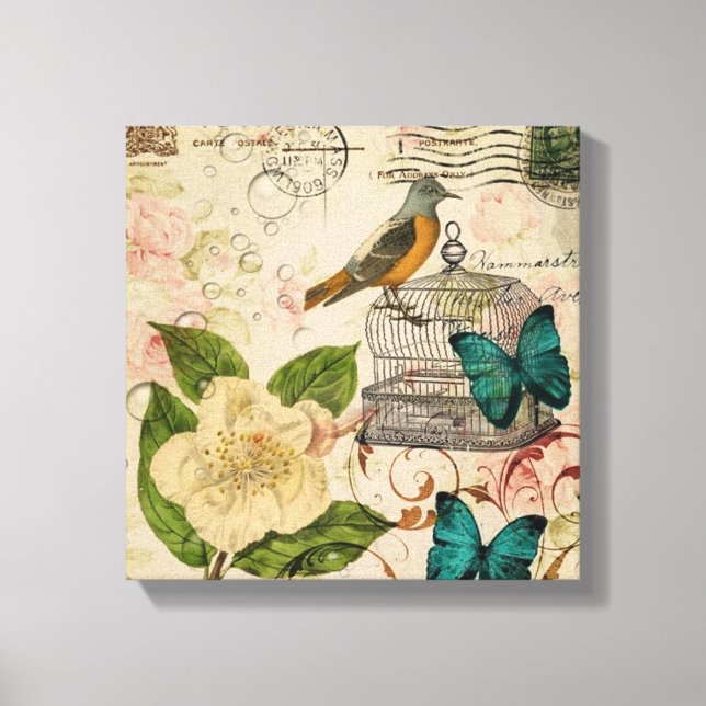 Lienzo pájaro floral de elegancia shabby botánico (Anverso)