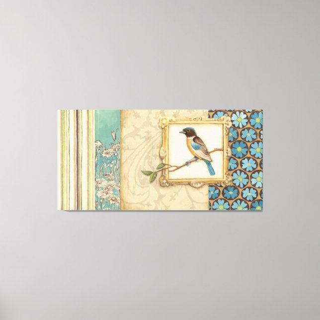 Lienzo Pájaro marrón y azul en una rama mirando hacia arr (Anverso)