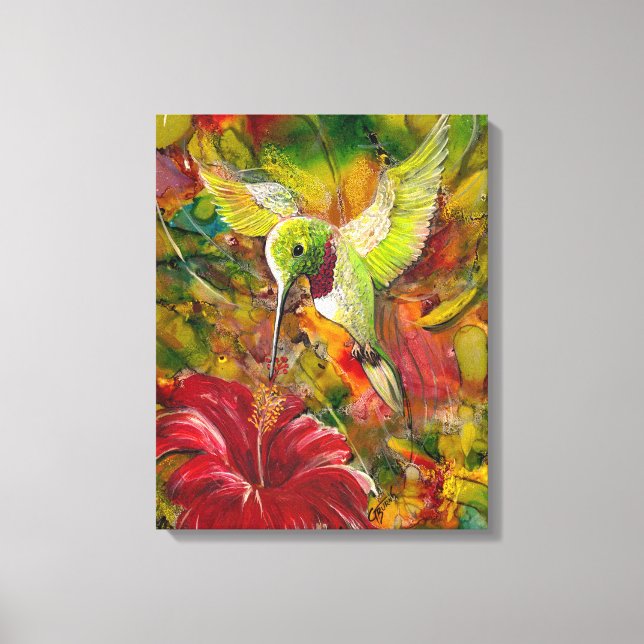 Lienzo Pájaro oscilante con hibisco rojo (Anverso)