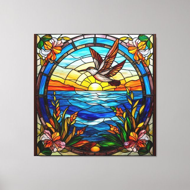 Lienzo Pájaro volando sobre el océano al amanecer (Anverso)