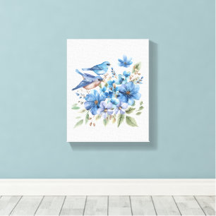 Lienzo Pájaros azules y florales botánicos de acuarela az
