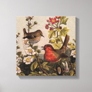 Lienzo Pájaros Cantores Robin Botánico Floral Vintage