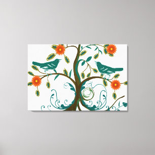 Lienzo Pájaros de amor vintage naranja y azul turquesa