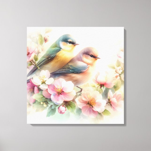 Lienzo Pájaros Dulces de Amor Pastel de Primavera Flores  (Anverso)