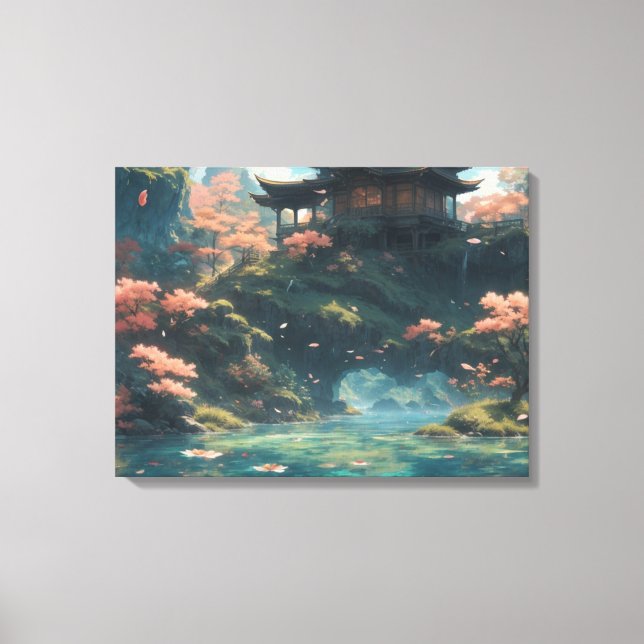 Lienzo Palacio chino sobre pintura de montaña floreciente (Anverso)