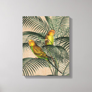 Lienzo Palm Tree Budgerigar Parrot Rustic Hessian Canvas