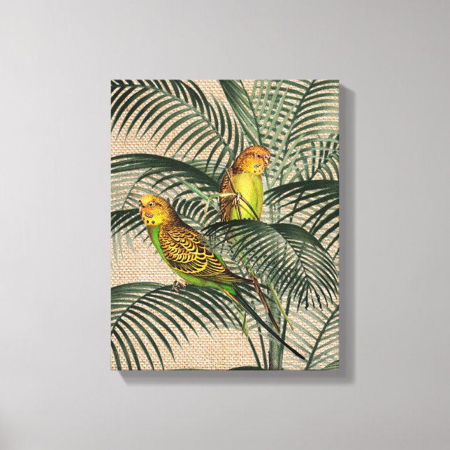 Lienzo Palm Tree Budgerigar Parrot Rustic Hessian Canvas (Anverso)
