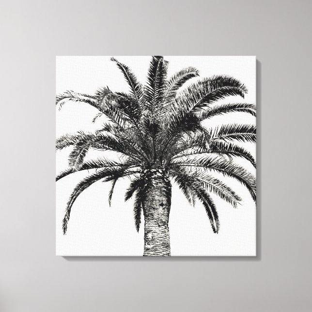 Lienzo Palm Tree de Isla Tropical Retro en blanco y negro (Anverso)
