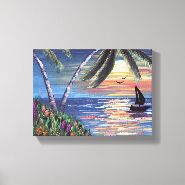 Lienzo Palm Trees Sunset Ocean Painting (Anverso)