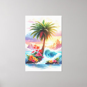 Lienzo Palmeras acuáticas, olas y flores
