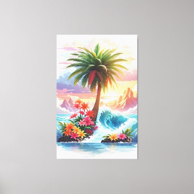 Lienzo Palmeras acuáticas, olas y flores (Anverso)