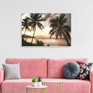 Lienzo Palmeras de puesta de sol playa de isla tropical o