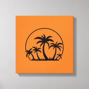 Lienzo Palmeras y puesta de sol en negro