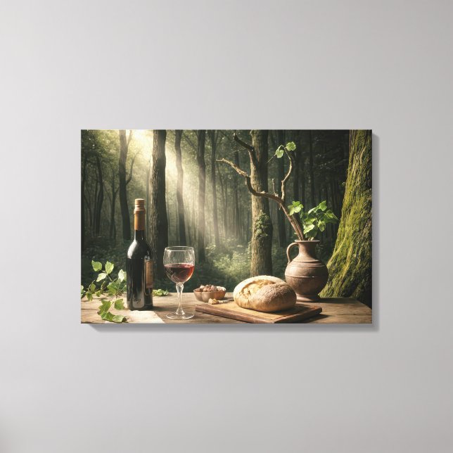 Lienzo Pan de vino y pan en una mesa forestal (Anverso)