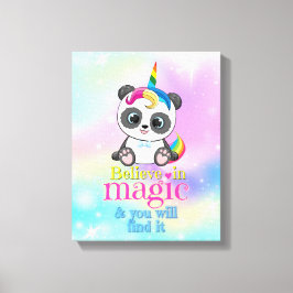 Lienzo Panda mágico unicornio sobre fondo arco iris