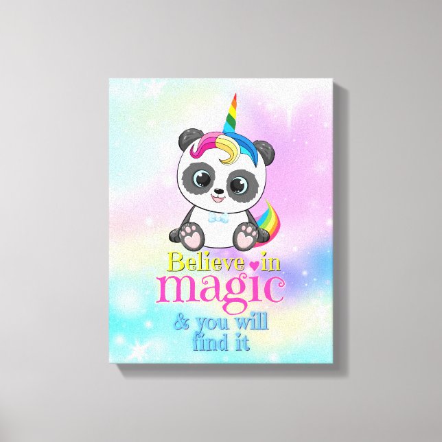 Lienzo Panda mágico unicornio sobre fondo arco iris (Anverso)