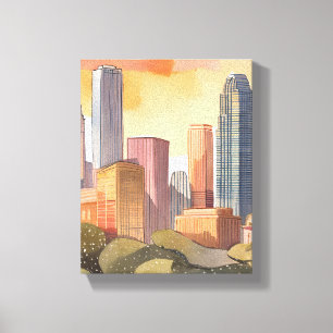 Lienzo Panorama urbano al atardecer Acuarela de silueta