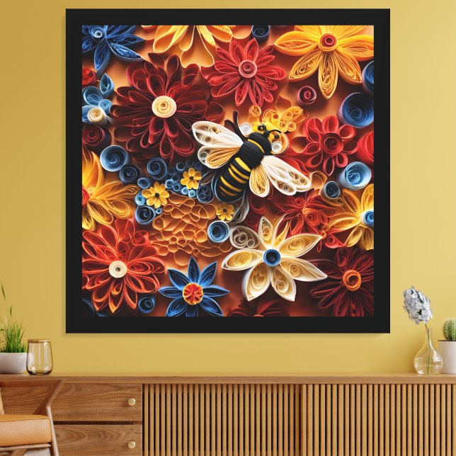 Lienzo Paper Quilling Design Bee surrounded by Flowers (Insitu (Sala de estar))