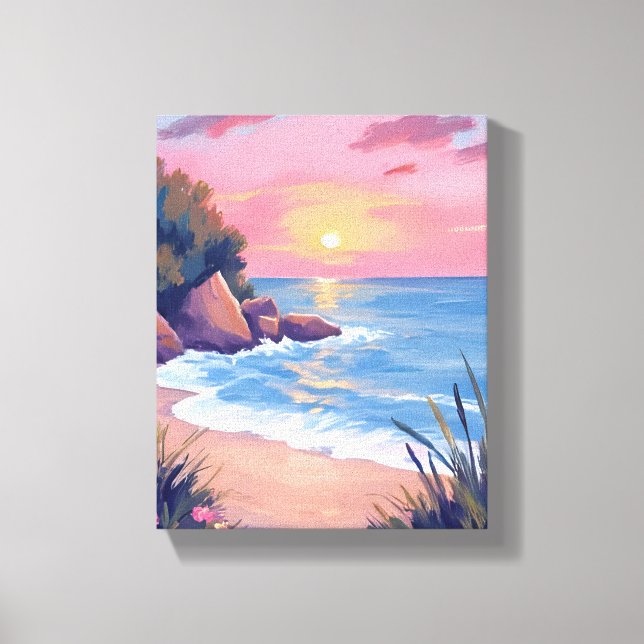 Lienzo Paradise Cove | Pink Watercolor Ocean Waves Sunset (Anverso)