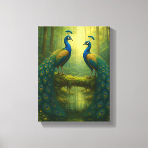 Lienzo Pareja de pavos reales en bosque encantado