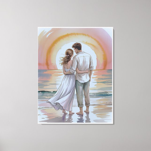 Lienzo Pareja en la playa al atardecer (Anverso)