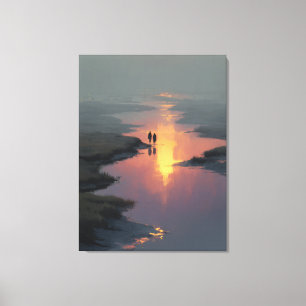 Lienzo Pareja en Silueta Reflejo de la puesta del sol en