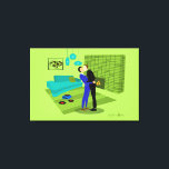 Lienzo Pareja gay retro enamorada<br><div class="desc">Este diseño de Pareja Gay Retro en Amor es la mezcla perfecta de pasión y kitsch. El diseño de arte minimalista, al estilo de los años 60, cuenta con una atractiva pareja gay besándose en medio de una casa con cápsulas de tiempo impecablemente decorada. La chimenea de ladrillo verde limón...</div>