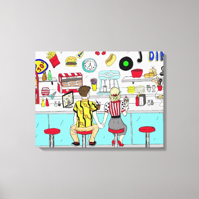 Lienzo Pareja Mano Retro Nostálgico Cincuenta Diner (Anverso)