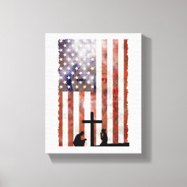 Lienzo Pareja rezando en la cruz. Bandera, fondo Jesús