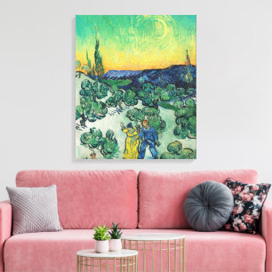 Lienzo Pareja romántica de Van Gogh caminando bajo la lun