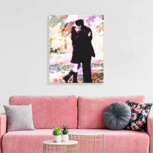 Lienzo Pareja romántica en el amor besándose en la lluvia