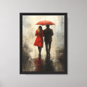 Lienzo Pareja Romántica en la Lluvia con Paraguas Rojo