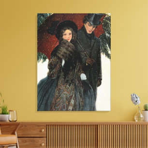 Lienzo Pareja Victoriana Vintage Caminando en la Nieve