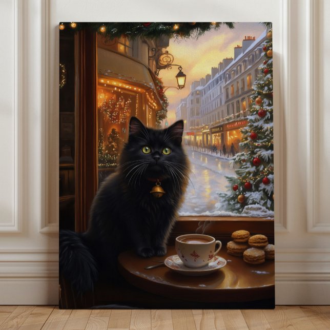 Lienzo Parisian Christmas Cat – Whimsical Black Cat Café  (Parisian Christmas Cat – Whimsical Black Cat Café Art by Nicole Cossairt)