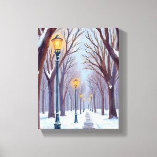 Lienzo Parque de farolas de invierno nieve Ciudad Acuarel