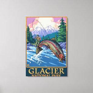Lienzo Parque Nacional Glacier, pescador de MontanaFly #
