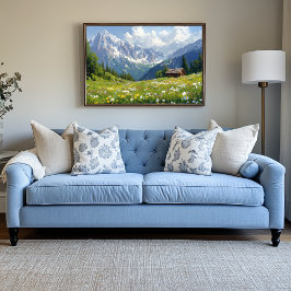 Lienzo Parto alpino con flores y pequeña cabaña