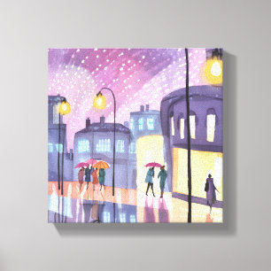 Lienzo Paseo lluvioso Lofi   Acuarela de luces urbanas co