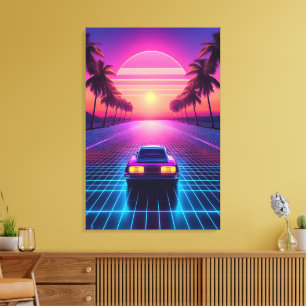Lienzo Paseo Nocturno de Neón: Atardecer Retro Synthwave