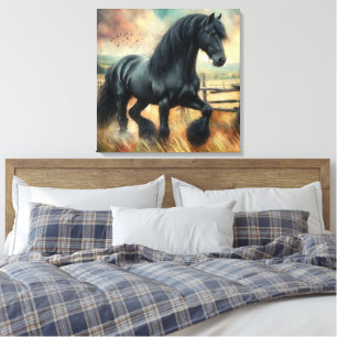 Lienzo Pastel de Caballo Negro Fresian Valla Rústica