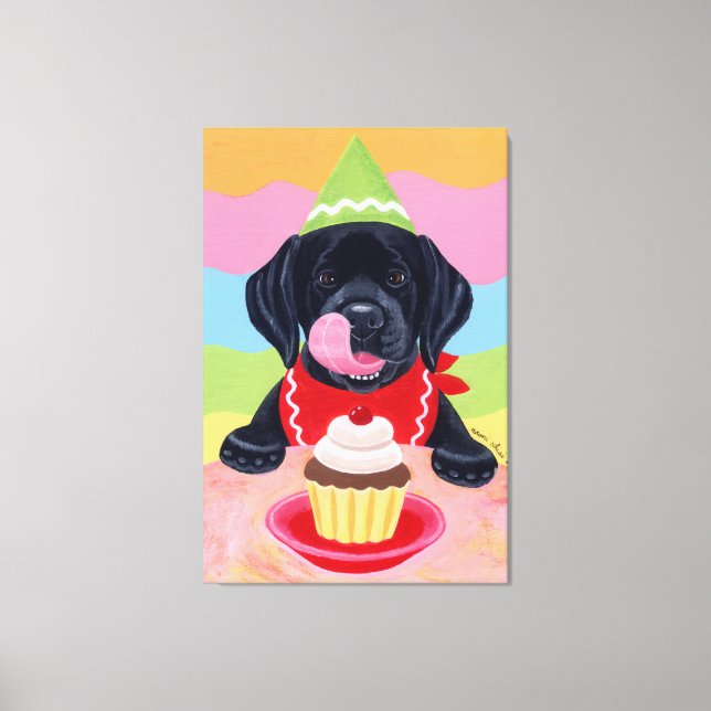 Lienzo Pastel de cumpleaños de cachorro negro de labrador (Anverso)