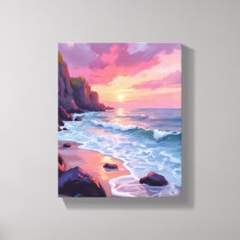 Lienzo Pastel Pink Beach Sunset Ocean Waves Watercolor
