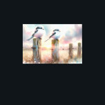 Lienzo Pastel Watercolor Birds Fencepost Sunset<br><div class="desc">Soft watercolor brushwork captures two fluffy songbirds resting on weathered fence posts as a glowing sunset spreads across a dreamy countryside sky. Gentle washes of peach, blush pink, pale blue, and warm gold blend into a tranquil horizon, creating a calm pastoral atmosphere. The birds appear round and feathery, their delicate...</div>