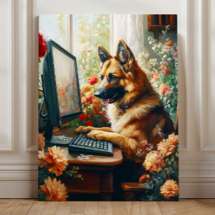 Lienzo Pastor Alemán en la Computadora – Oficina Canina C