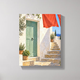 Lienzo Patio de Celadón con Ropa de Cama Roja   Mediterrá