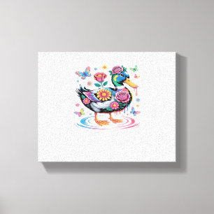 Lienzo Pato colorido de fantasía con flores y mariposas