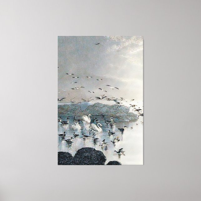 Lienzo Patos, pajares y cisnes en el lago al atardecer (Anverso)