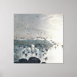 Lienzo Patos, pajares y cisnes en el lago al atardecer