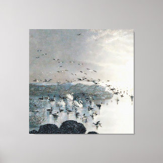 Lienzo Patos, pajares y cisnes en el lago al atardecer
