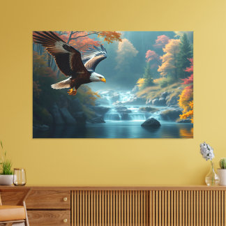Lienzo Patriotic Eagle Flying Over Waterfalls In Autumn